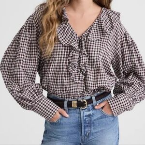 Madewell Ruffled Pintuck Checkered Top – Chocolate Raisin